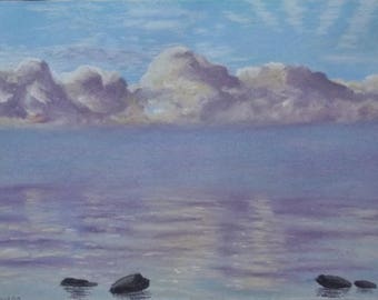 Framed original pastel painting  by Lynn A'Court of lake, sky and reflections; south shore of Amherst Island; summer daybreak landscape
