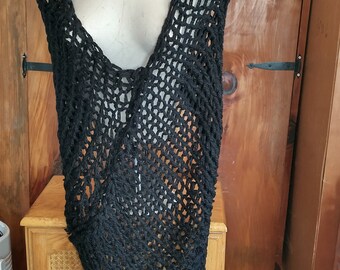 Poncho boho shawl wrap cover up fits most small medium and large women lacy openwork hand knit in black