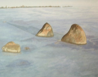 Framed watercolor landscape painting signed original by Lynn A'Court rocks in Lake Ontario on South shore of Amherst Island