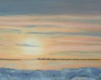 January Sunrise  Original framed painting by Lynn A'Court in mixed media watercolour and soft pastel; winter shore at daybreak with sunrise