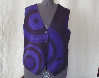 Lined silk waistcoat vintage hand waxed and dyed black and purple abstract batik design for large women medium men