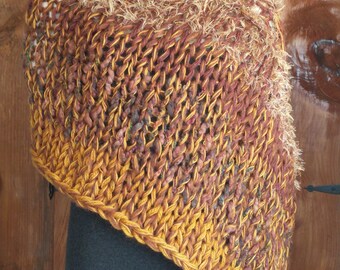 Poncho boho shawl wrap cover up fits most small medium and large women chunky warm hand knit in gold & rusty brown tweed + textured accent