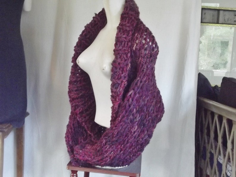 Chunky knit shrug crop cardigan sweater with shawl collar long sleeves fits most medium and large women in dark raspberry red tweed image 1