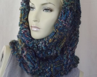 Deep cowl hood textured chunky knit neckwear/headwear in variegated turquoise gold and rose with hint of glint one size for women