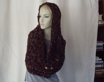 Infinity scarf cowl circular shoulder wrap with accent cuff lacy knit in maroon with coral yellow and black accents small medium large women