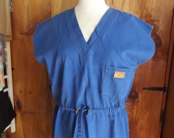 Kettle Creek dress vintage fashion from 1980's sleeveless adjustable tie waist in blue cotton with trademark leather patch for large women