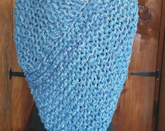 Poncho boho shawl wrap cover up fits most small medium and large women chunky warm hand knit in blue and white tweed