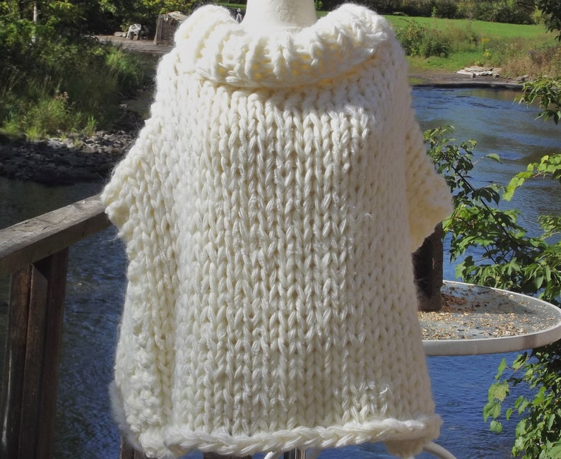 Slouchy poncho crop top in white ultra wide chunky hand knit sweater with cowl neck one size for large extra large women or medium large men