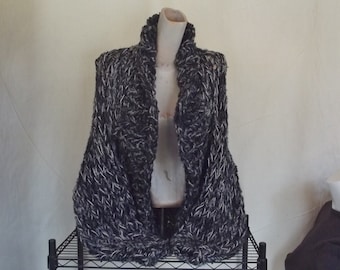 Chunky knit shrug crop cardigan sweater with shawl collar long sleeve for extra small and small women in black and grey tweed