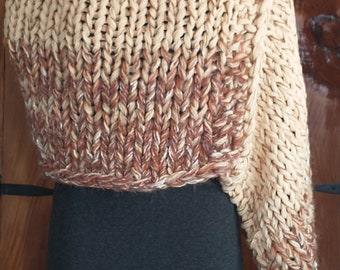 Poncho boho shawl wrap cover up fits most small medium and large women chunky warm hand knit in sandy beige and rusty tan colour block