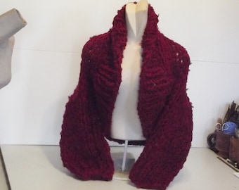 Chunky knit shrug crop cardigan sweater with shawl collar long sleeves fits most extra small and small women in rich red tweed