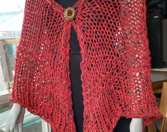 Red poncho cape style wrap shawl loosely knit fits most large and extra large *tall* women (length from neck edge to rear point is 52")