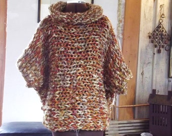 Poncho style sweater, chunky knit pullover with cowl neck boho clothing fits most medium large and extra large women
