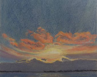 Framed original pastel painting by Lynn A'Court daybreak over Lake Ontario at Amherst Island; skyscape with water reflections