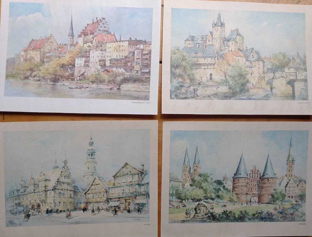 Four Colored Vintage Unframed Prints of Germany Showing Etsy