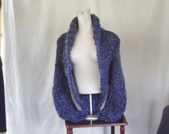 Chunky knit shrug crop cardigan sweater in indigo tweed with shawl collar long sleeves fits most extra small and small women