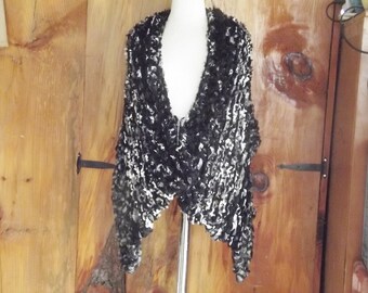 Chunky knit poncho oversized scarf or shoulder wrap in black white and grey high texture novelty yarn fits most small medium and large women