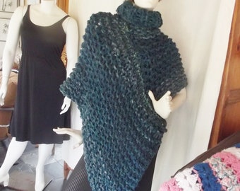 Warm poncho chunky hand knit with cowl neck in deep sea green ombre tweed fits most extra small to extra large women