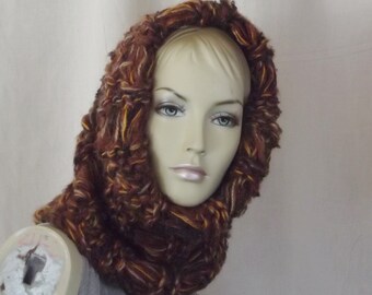 Deep cowl hood textured chunky knit neckwear/headwear in rust gold and charcoal tweed one size for men and women