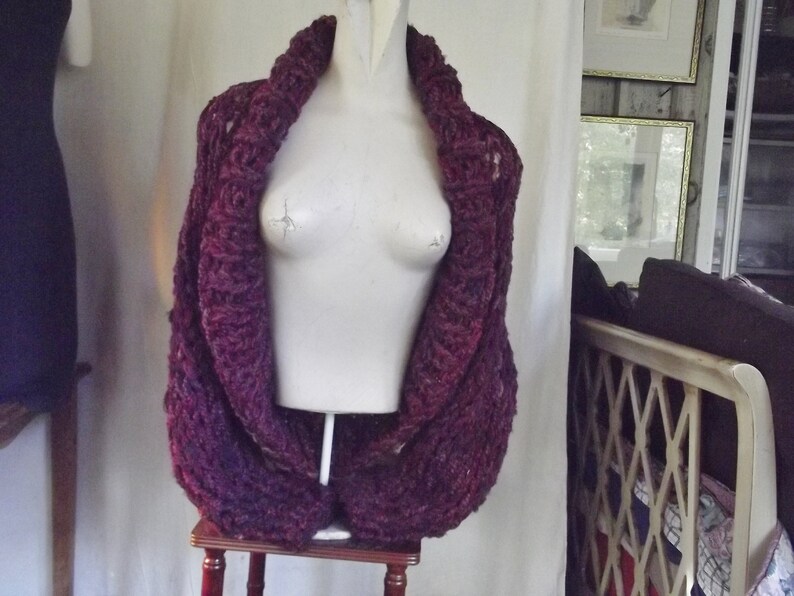 Chunky knit shrug crop cardigan sweater with shawl collar long sleeves fits most medium and large women in dark raspberry red tweed image 4