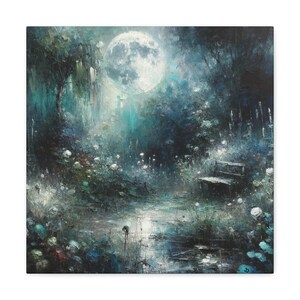May include: A painting of a moonlit forest scene with a bench in the foreground. The moon is full and bright, casting a soft glow on the trees and foliage. The colors are muted and dreamy, creating a sense of peace and tranquility.