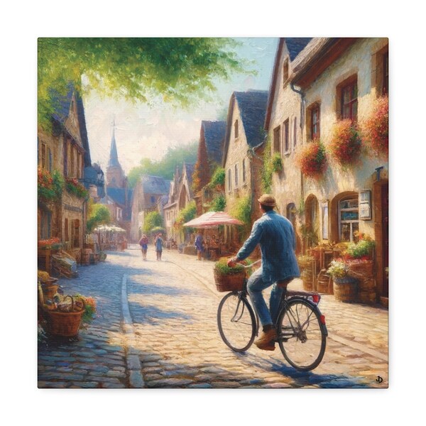 Village Bicycle Ride, 16"x16" Canvas Gallery Wrap, Impressionism, Quaint Village, French Village, English Village, European Village