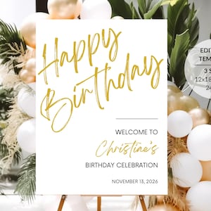 Happy Birthday Welcome Sign | Editable DIY Canva Template | Instant Download | Sizes 12x18, 18x24, 24x36 | Gold Dinner Party Celebration