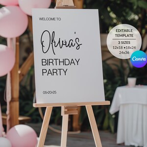 Simple Birthday Party Welcome Sign | Instant Download | Editable DIY Template | Sizes 12x18, 18x24, 24x36 | Modern Black White