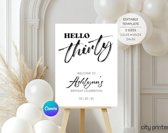 30th Birthday Welcome Sign Hello Thirty Black Gold Party Poster Editable Canva Template Printable Milestone Adult Celebration Turning 30