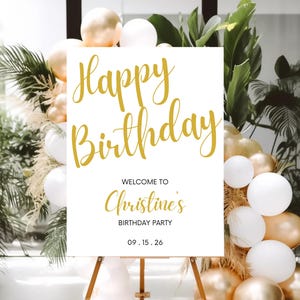 Gold Happy Birthday Dinner Party Celebration Welcome Sign | Editable DIY Canva Template | Instant Download | Sizes 12x18, 18x24, 24x36