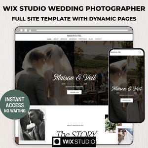 May include: A website template for a wedding photographer, displayed on a laptop and smartphone. The website features images of a wedding, with the text "Maison & Veil" and "Wedding Photography". The template includes dynamic pages and instant access.