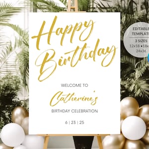 Gold Happy Birthday Dinner Party Celebration Welcome Sign | Editable DIY Canva Template | Instant Download | Sizes 12x18, 18x24, 24x36