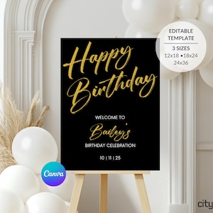 Black Gold Happy Birthday Party Welcome Sign | Editable DIY Template | Instant Download | Sizes 12x18, 18x24, 24x36 | Elegant Modern