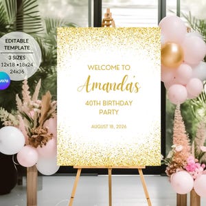 Gold Any Year Birthday Party Dinner Celebration Welcome Sign | Editable DIY Canva Template | Instant Download | Sizes 12x18, 18x24, 24x36