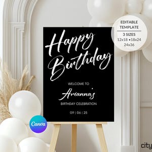 Black & White Happy Birthday Party Welcome Sign | Editable DIY Template | Instant Download | Sizes 12x18, 18x24, 24x36 | Elegant Modern