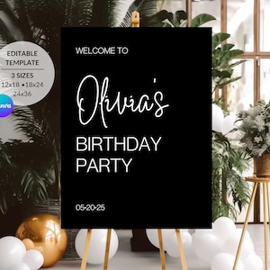 Black Birthday Party Welcome Sign | Instant Download | Editable DIY Template | Sizes 12x18, 18x24, 24x36 | Modern Black White