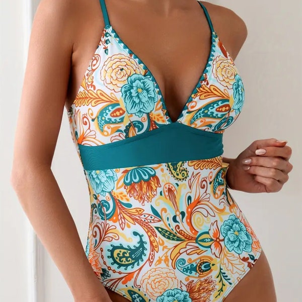 Test Listing - Summer Turquoise & Tangerine Floral Deep V One Piece Boho Beach Chic Teen Girl Swimsuit - Medium
