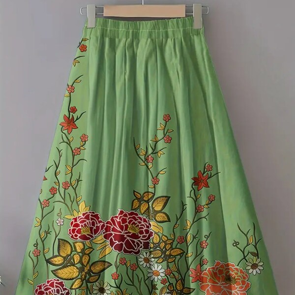 Test Listing - Summer Lime & Red Marigold Floral Fun Flowy Long Comfy Boho Elastic Waist Skirt - Large