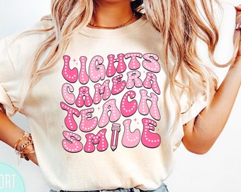Lights Camera Teacher Smile Shirt, Funny Teacher Life Shirt, Groovy Teacher Shirt, Teacher Gifts, Teacher Appreciation Gift