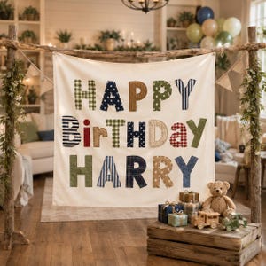 Personalized Linen Birthday Sign, Custom Text Happy Birthday Banner, Personalized Birthday Name Banner, Backdrop Birthday Tapestry