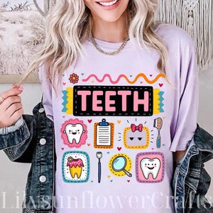 Camiseta de equipo dental, camiseta de higienista dental, camiseta de asistente dental, camiseta de equipo dental, equipo de consultorio dental, dientes, trabajadores de consultorio dental