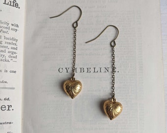 Long Puffy Heart earrings on Chains - vintage brass charms on bronze chain - upcycled jewellery - nickel free hooks