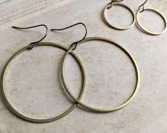 Large Gold Hoops in raw brass - simple circles - 1" 1/2 40mm - nickel free