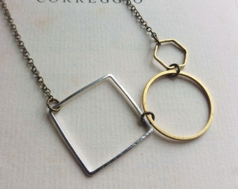 Geometric Row shapes necklace - square circle hexagon row - geometric jewellery - minimalist
