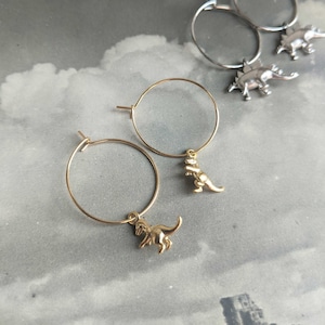 Petite Gold T-Rex charm earrings - little dinosaurs - hoops - nickel free