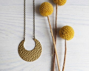 Crescent Moon necklace - textured brass horseshoe on fine chain - modern jewellery