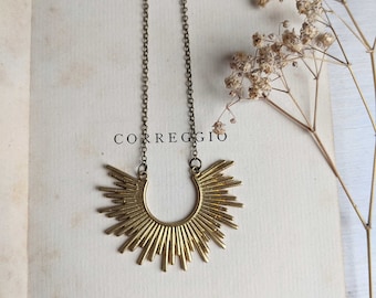 Sunburst golden brass necklace - textured brass horseshoe on fine chain - statement - modern jewellery