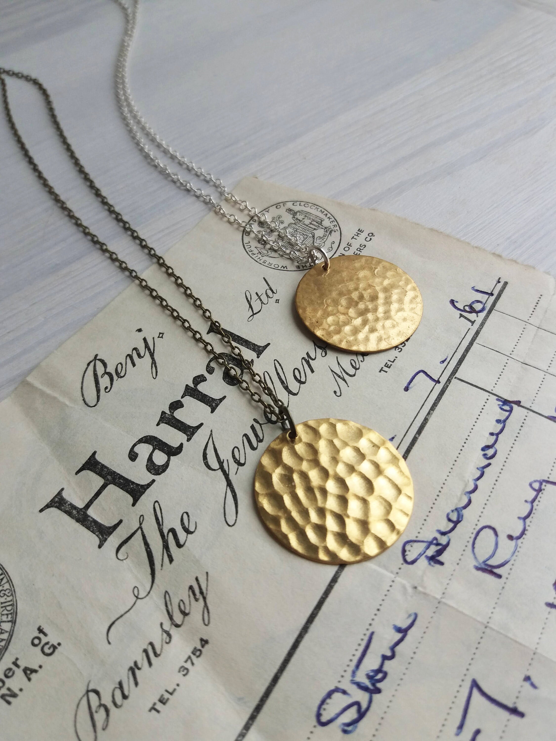 Gold Hammered Disc Necklace Golden Sun Raw Brass on Silver or Bronze Textured Circles Nickel Free Etsy UK