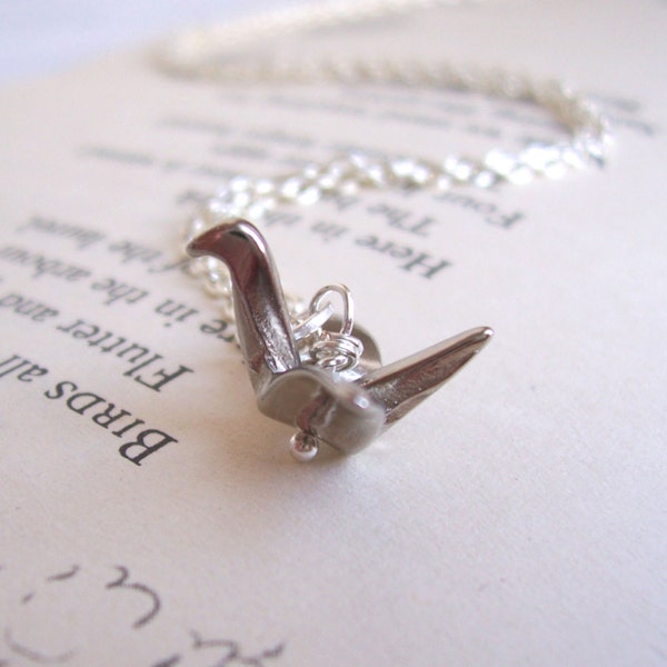 Silver Origami Crane necklace - silver bird charm - SALE