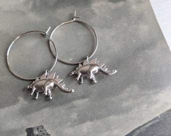 Petite Silver Stegosaurus charm earrings - little dinosaurs - hoops - nickel free